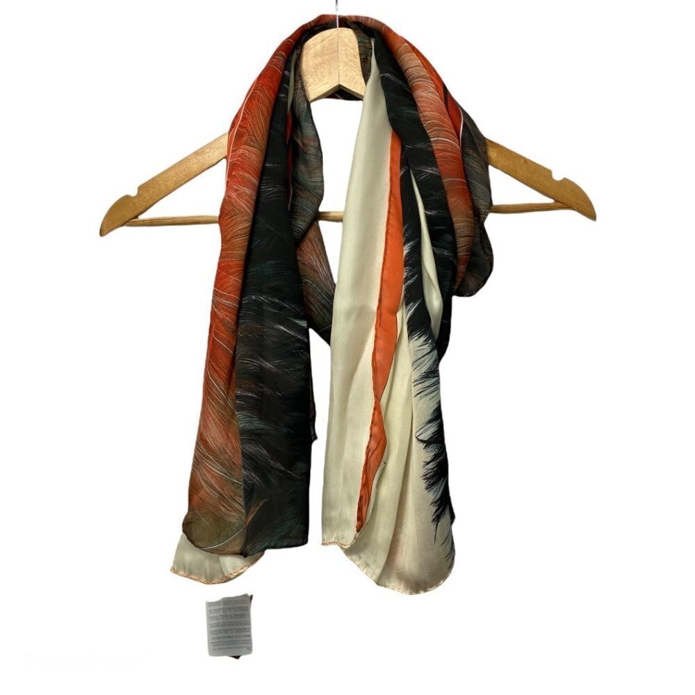 Roberto Cavalli Orange Red Feather Silk Scarf Nwt